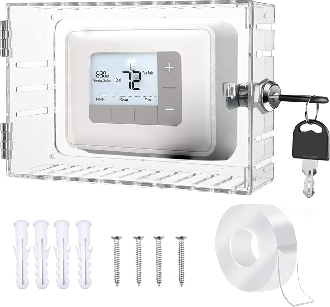 GYFVBH clear thermostat lock box with keyed cover, two keys, mounting hardware and tape; thermostat shown for illustration.